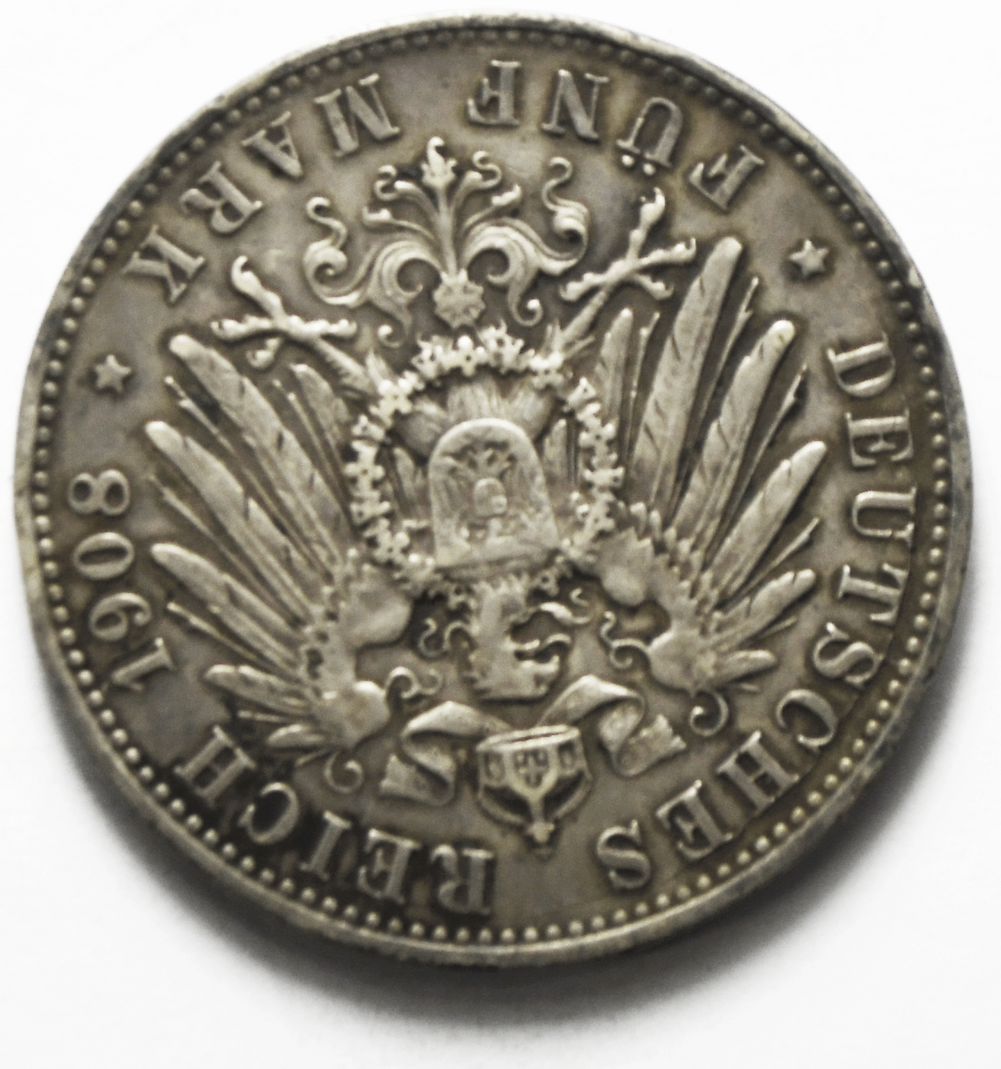 1908 F German States Württemberg 5 Five Mark Silver Coin KM# 632