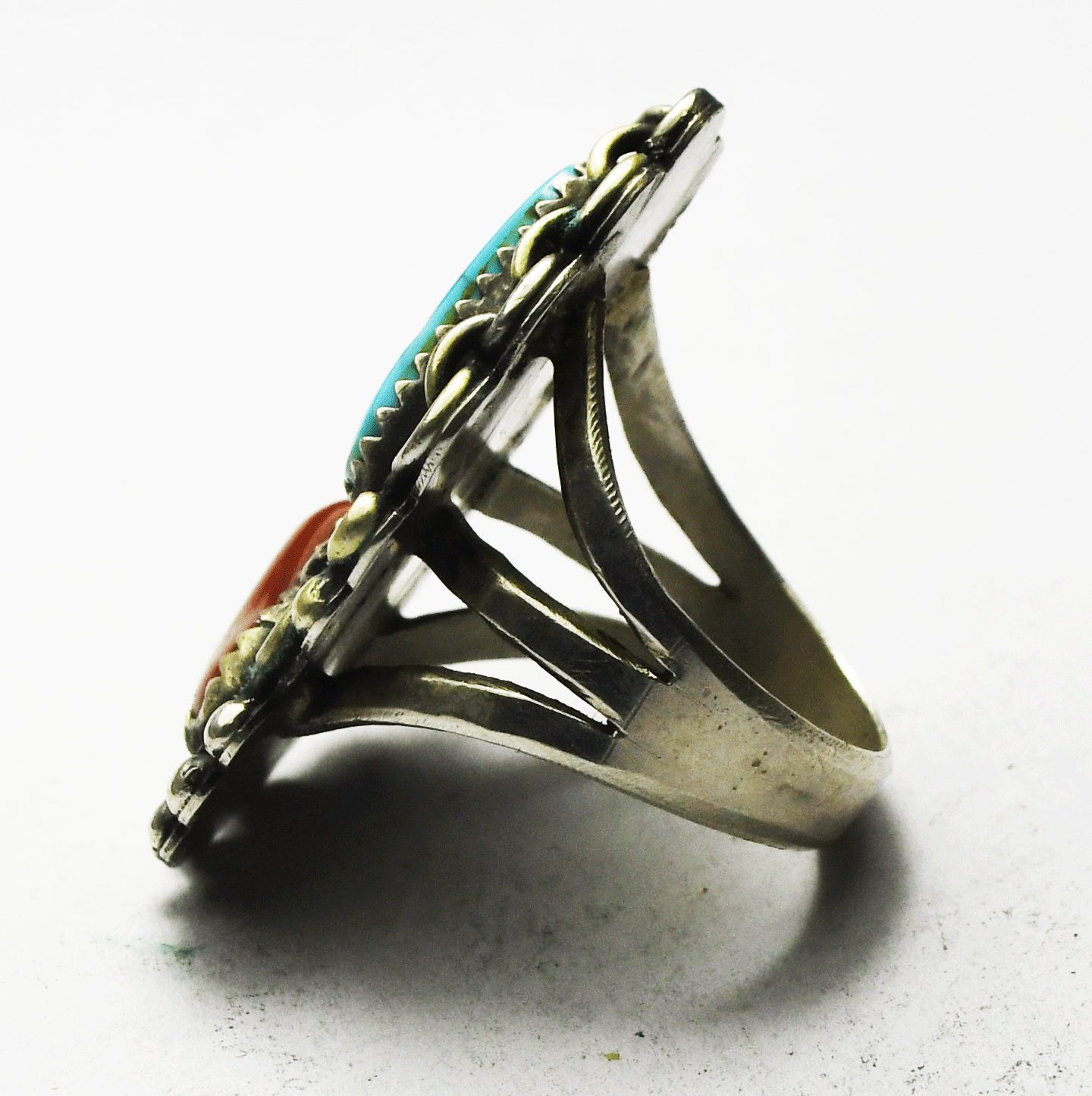 Antique Sterling Silver Coral & Turquoise Dot Chain Halo Ring 37mm Size 8