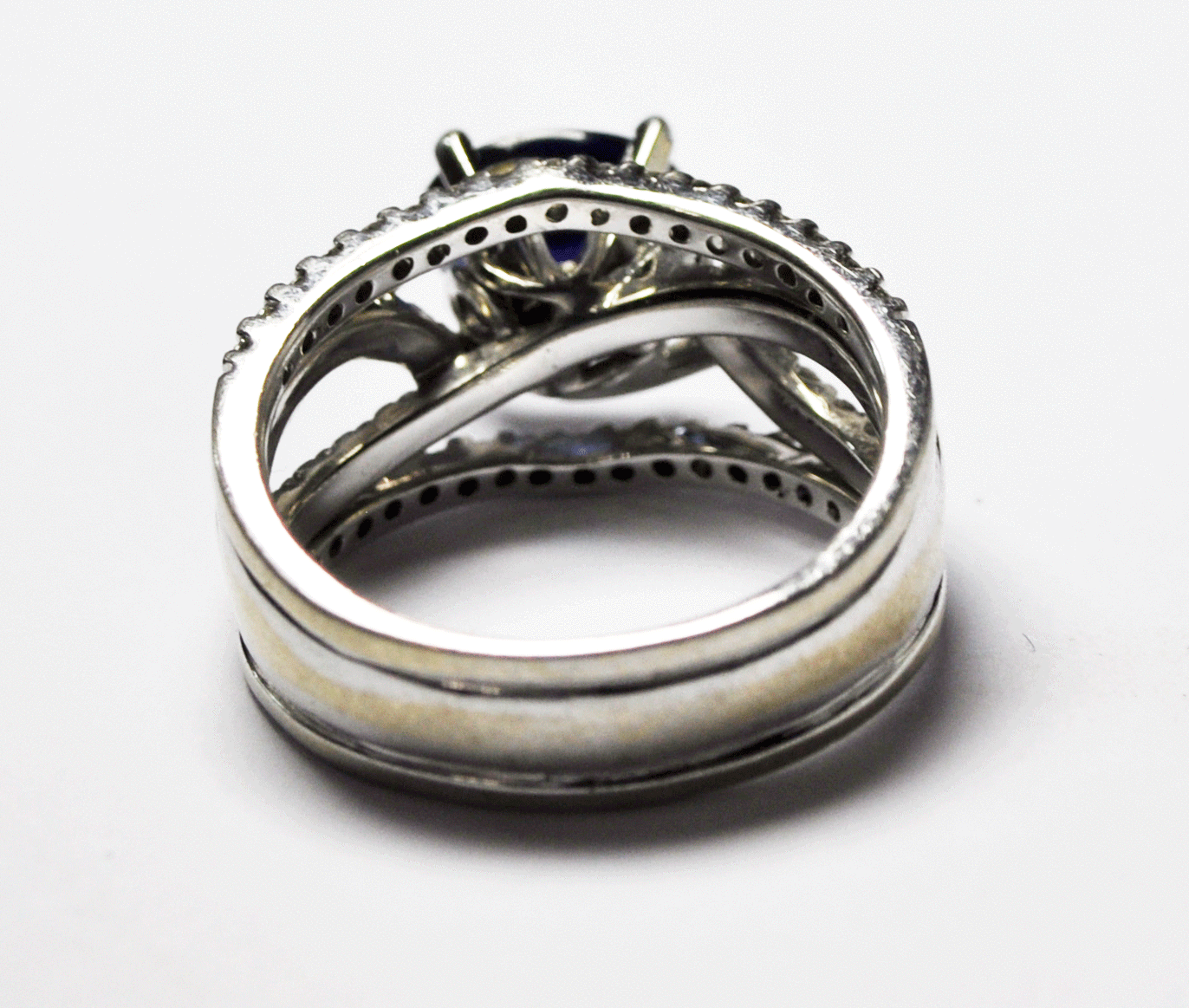 14k White Gold Sapphire Diamond Twist Overlapping Ring F.D. 11mm Size 6-3/4