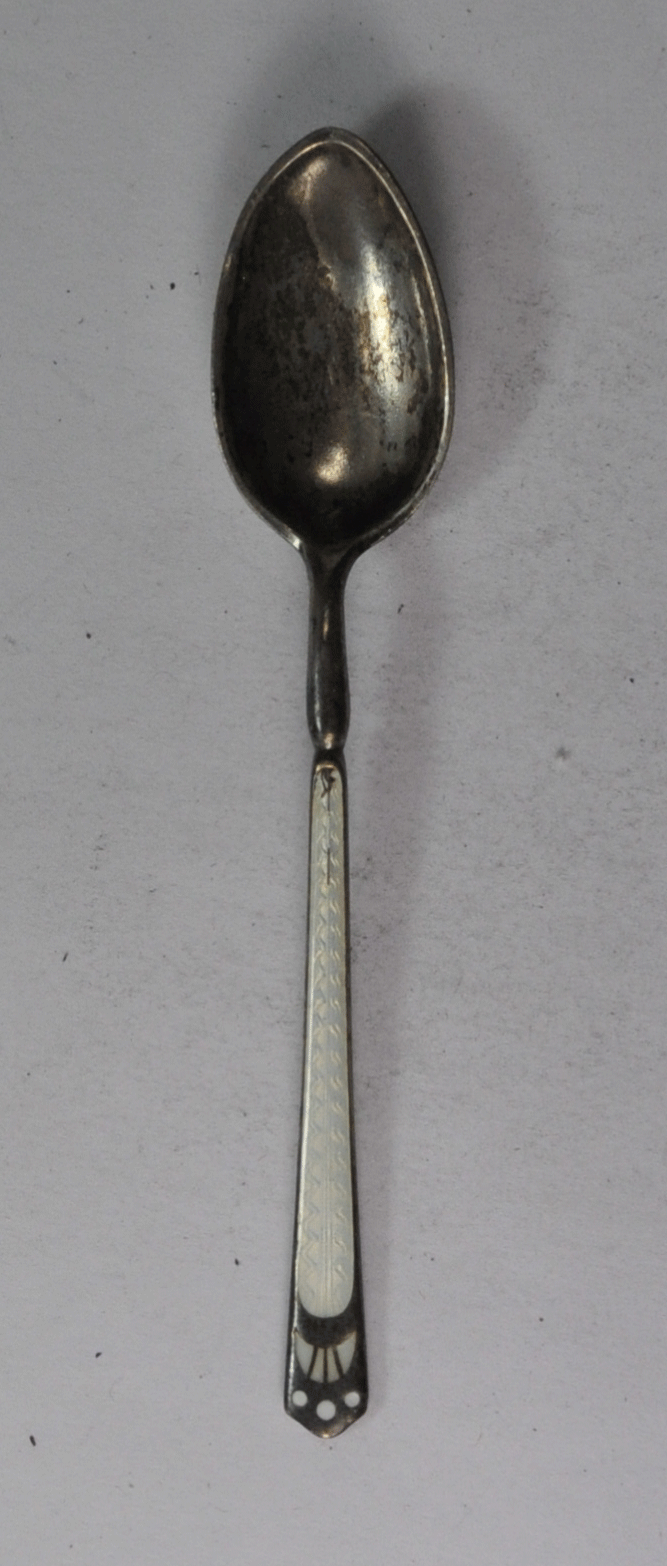 Sterling Silver Swedish White Iridescent White Enamel Spoon 4"