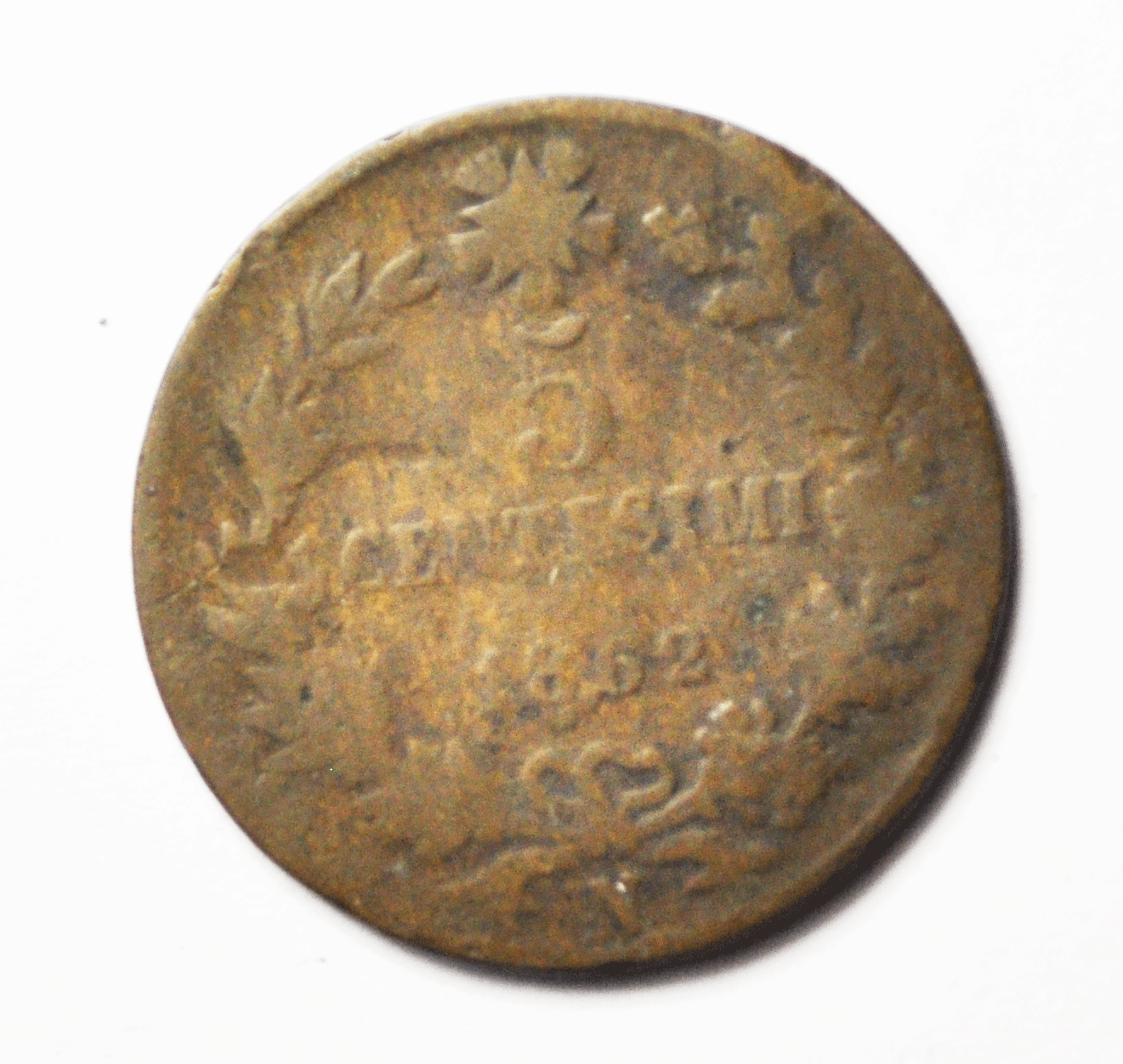 1862 N Italy 5 Centesimi Copper Coin KM# 3.3