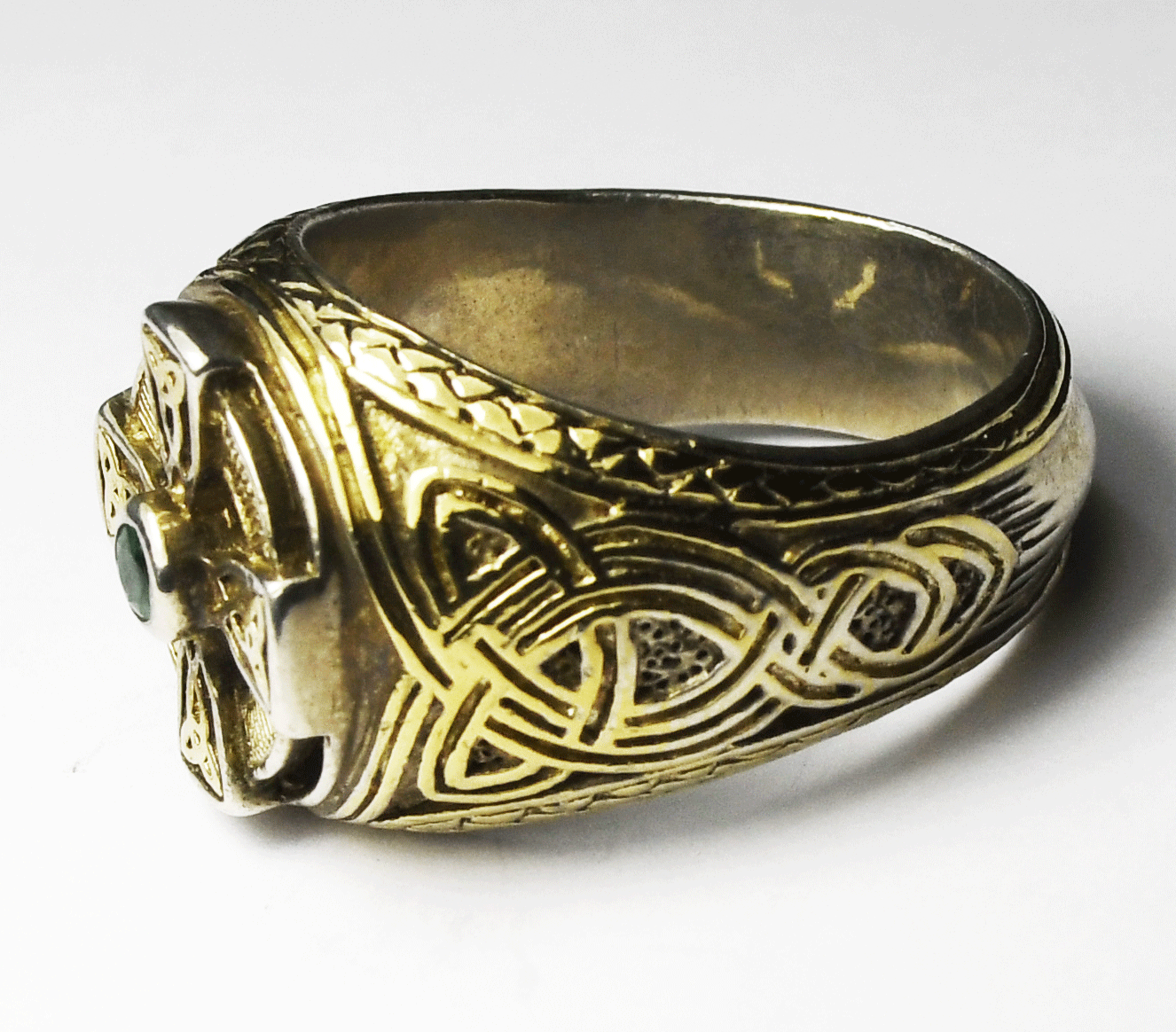 Sterling Silver FM Celtic Cross Emerald Two Tone Ring 17mm Size 11-3/4