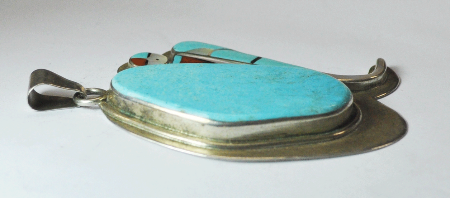Sterling Silver Large Turquoise Hopi Sun Inlay Signed Pendant 3-1/8" x 2-1/4"
