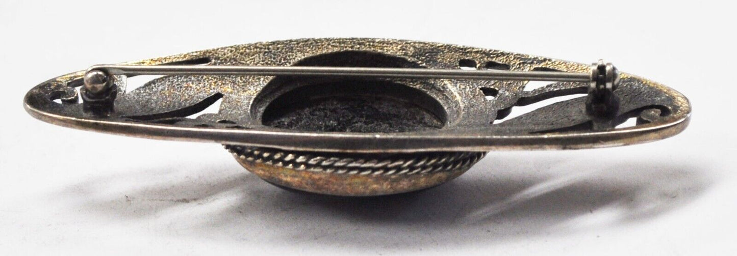 Silver Plated Oval Onyx Filigree Floral Propeller Brooch Pin 68mm x 21mm