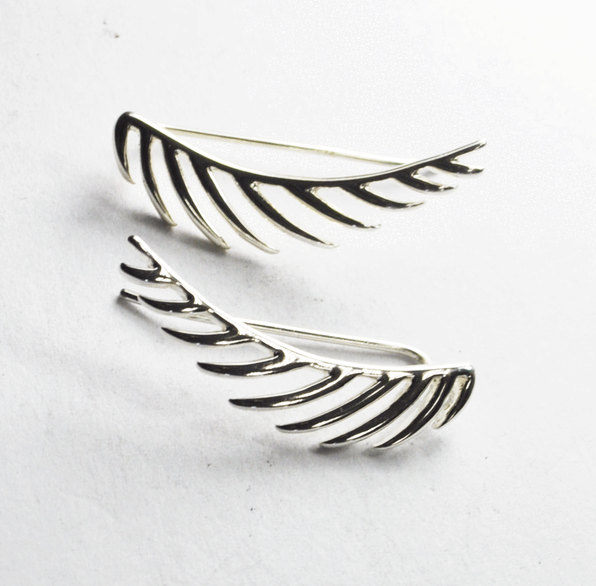 Sterling Silver Feather Stripe Wing Leaf Hook Earrings 30mm x 7mm