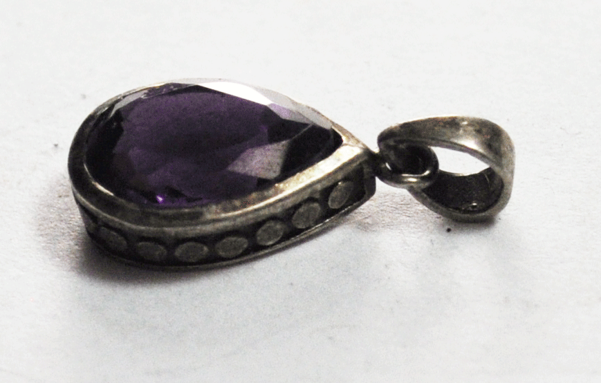 Sterling Silver Teardrop Purple CZ 22mm x 10mm Pendant 4mm Bale Dot Edge