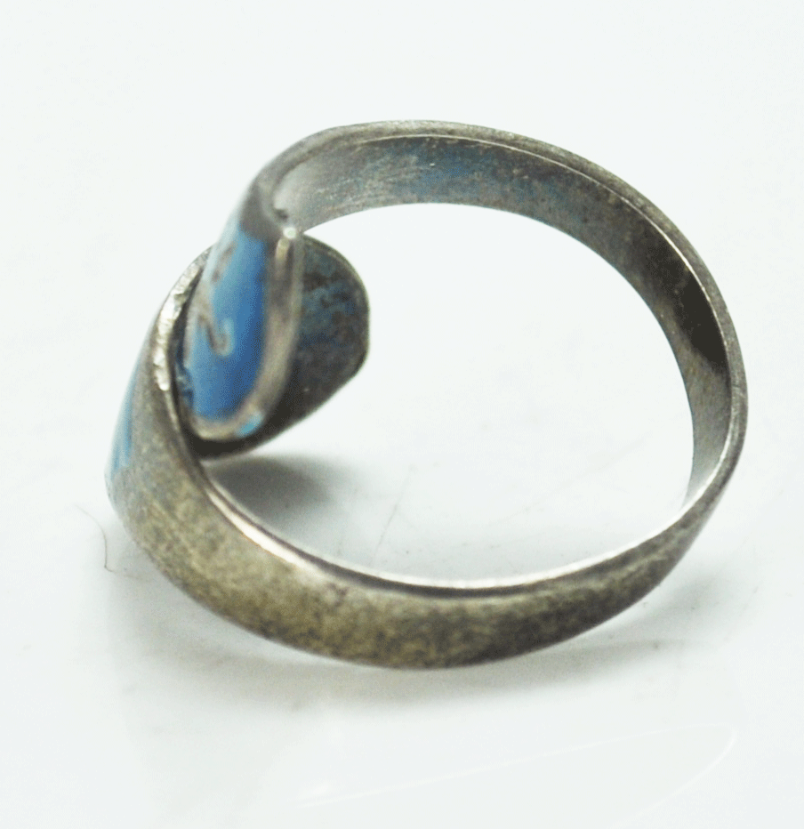 Sterling Silver Blue Enamel Bypass Ring Goddess Symbols Size 5 Adjustable 23mm