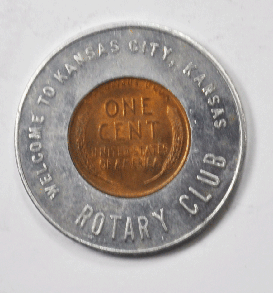 1952 D Wheat Cent 1c Encased Penny Kansas City KC Rotary Club 35mm Good Luck