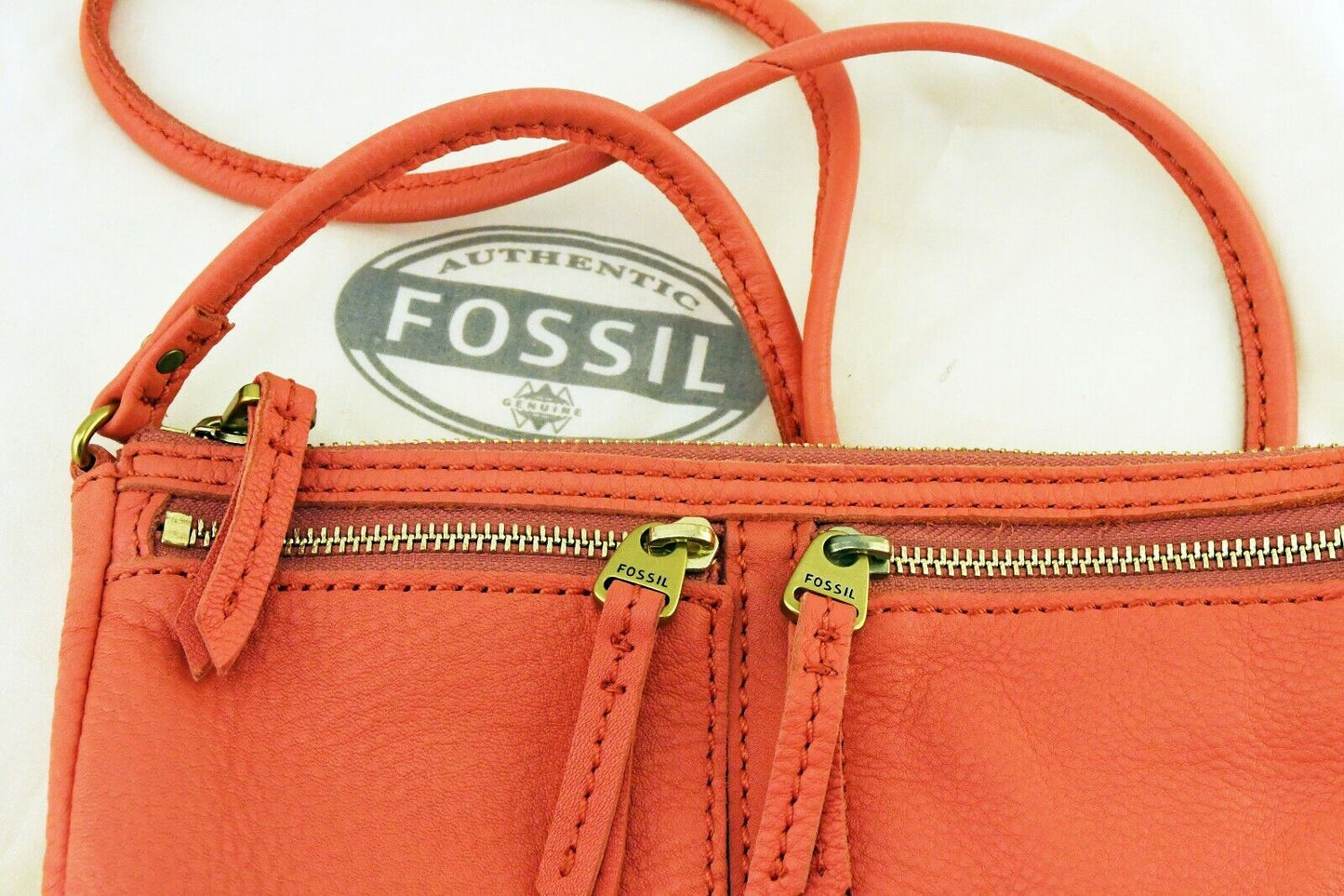 Fossil ELISE Coral Pink Double Zip Leather Crossbody Purse Handbag 10 x 6 1/2"