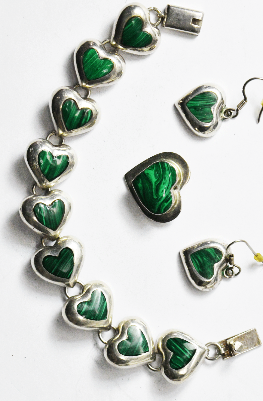 Sterling Silver Malachite Green Heart 18mm 7-1/2" Bracelet 23mm Clip & Earrings