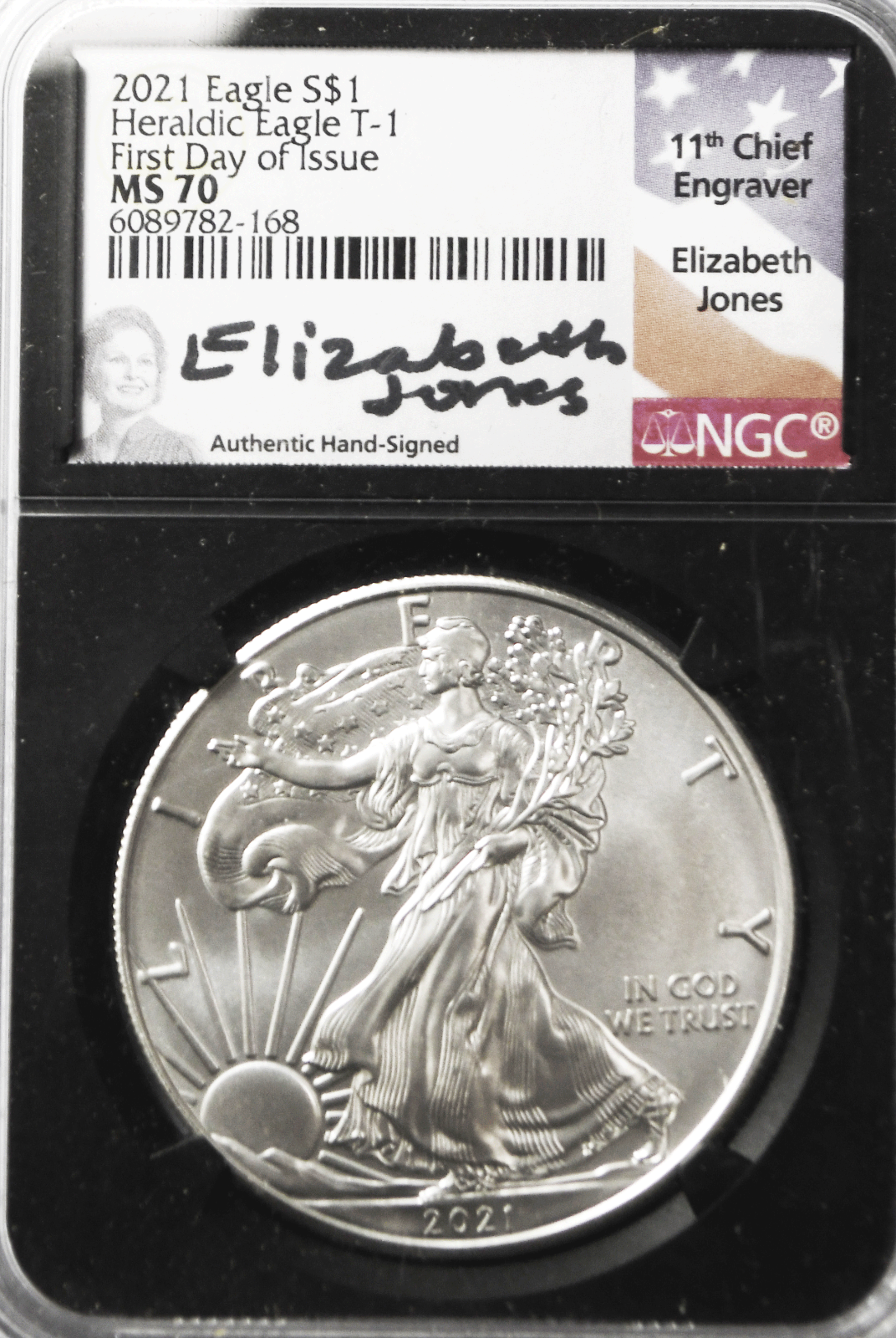 2021 $1 American Silver Eagle NGC MS70 First Day Release Type 1 Elizabeth Jones