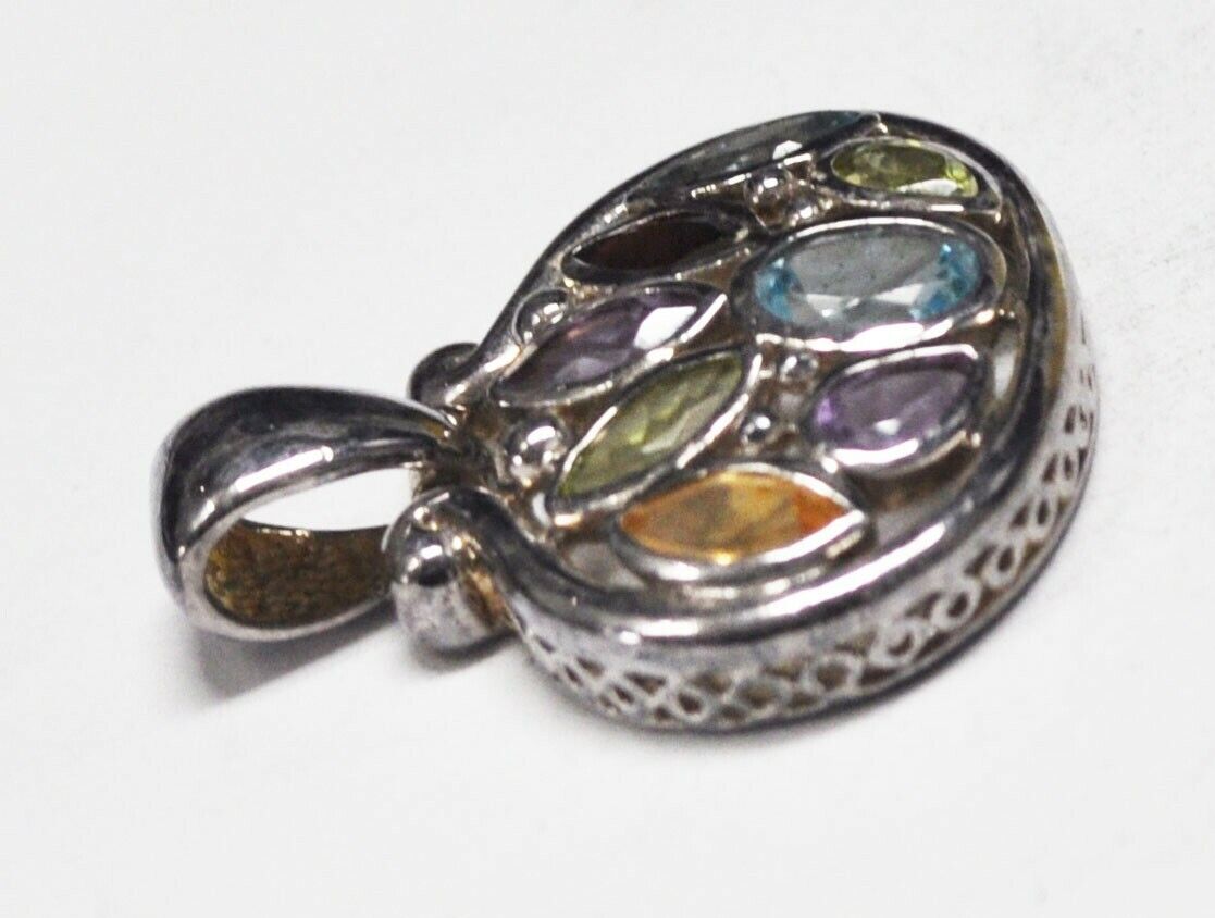 Sterling Silver Multi Gemstone Oval Jack o'lantern Pendant 33x30mm
