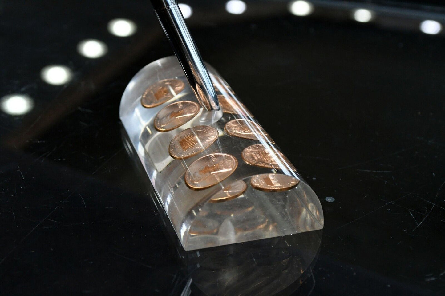 Vintage 1959 Desktop Penny Paperweight Pen Holder in Acrylic 4 1/2"