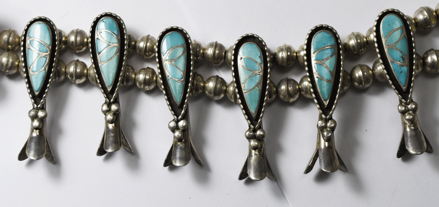 Sterling Willis Susie Leekity Turquoise Inlay Squash Blossom 24" Necklace