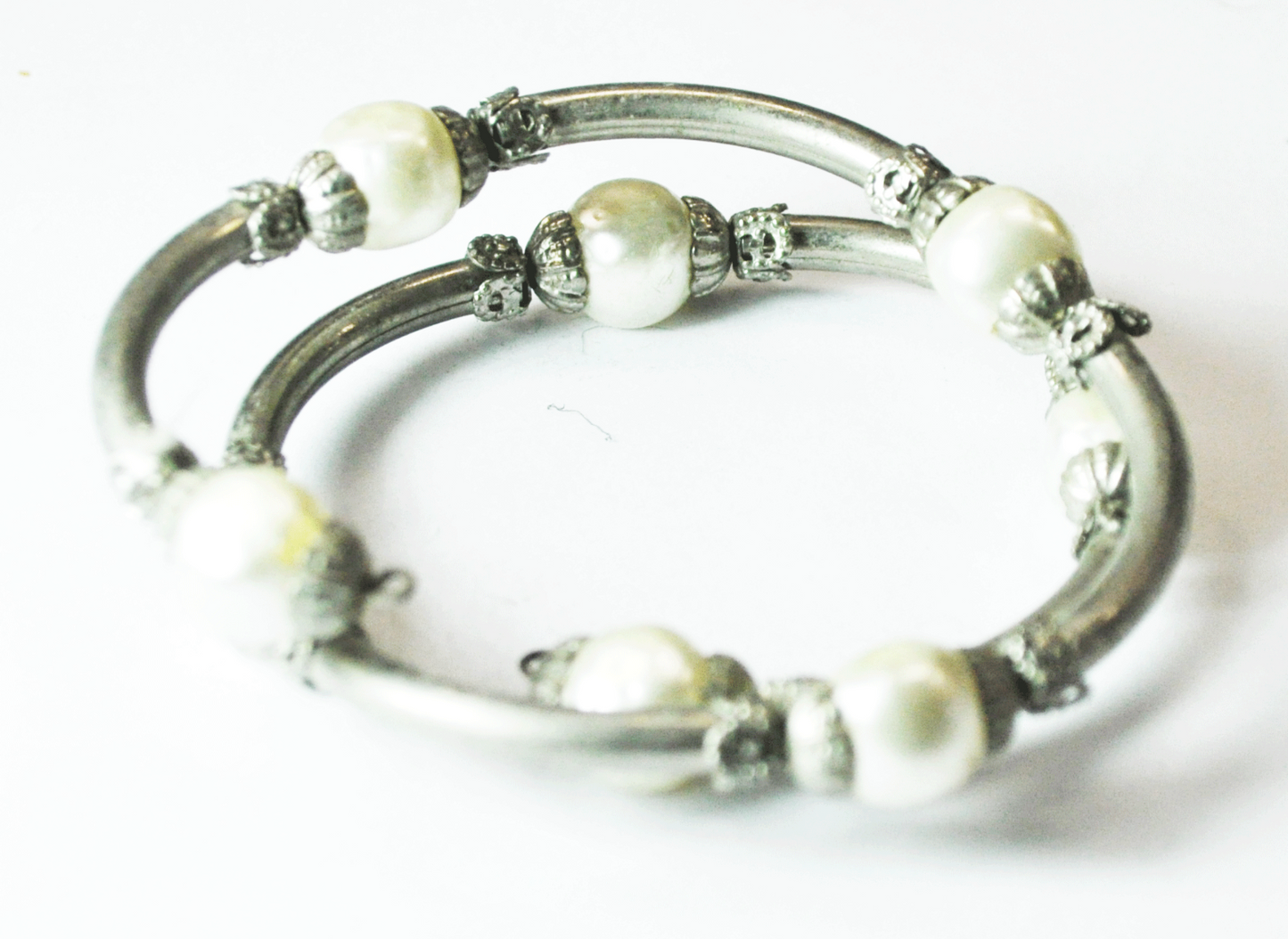 Silver Plated 10mm Faux Pearl Wrap Around Coil Small Bangle Bracelet