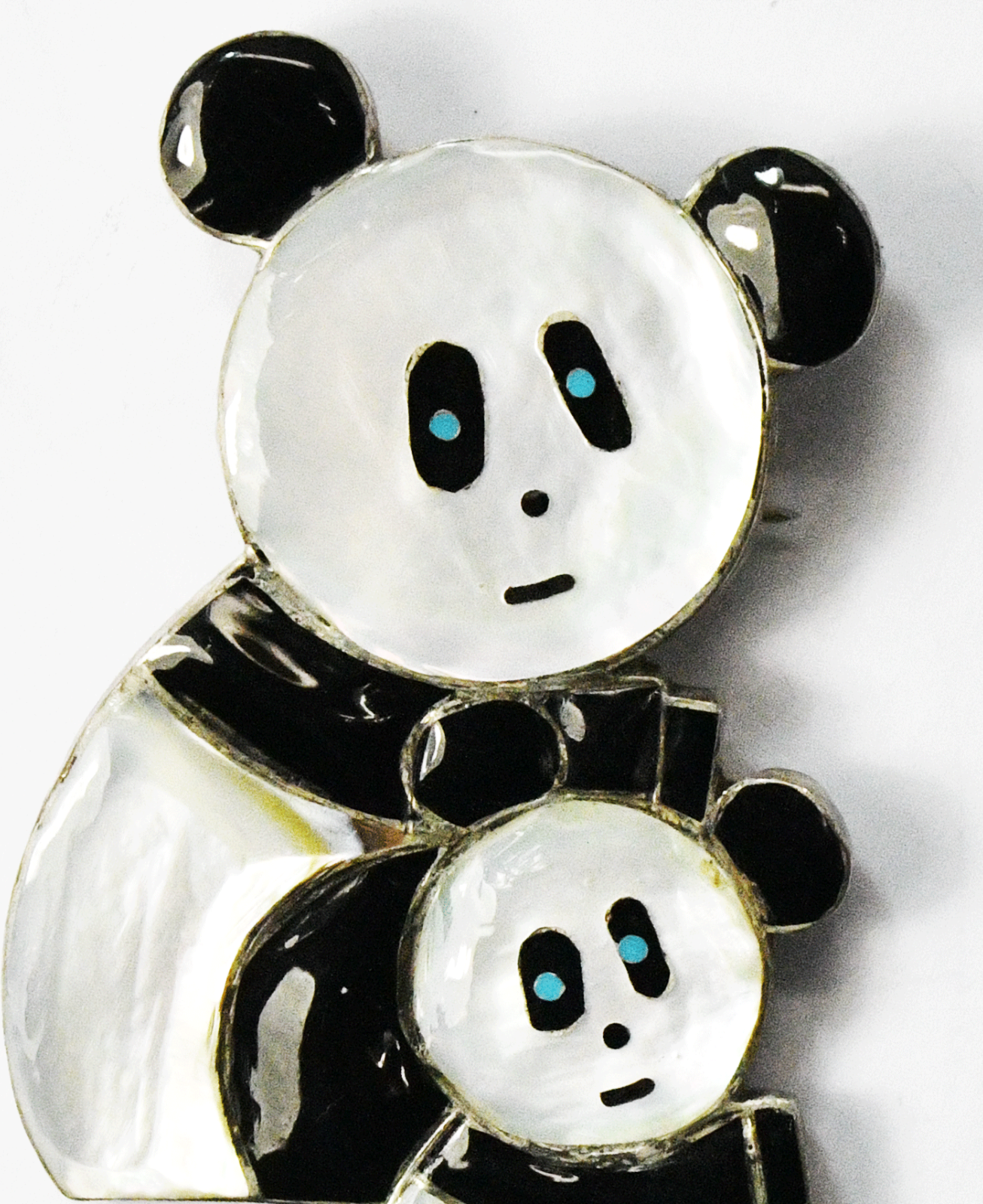 Sterling Silver RKL Panda & Cub Onyx Turquoise MOP Inlay Pendant Brooch 73x46mm
