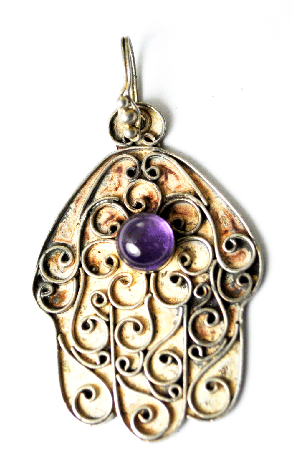 Sterling Silver Hamsa Fatima Hand Scroll Overlay Amethyst Pendant 1-3/4"