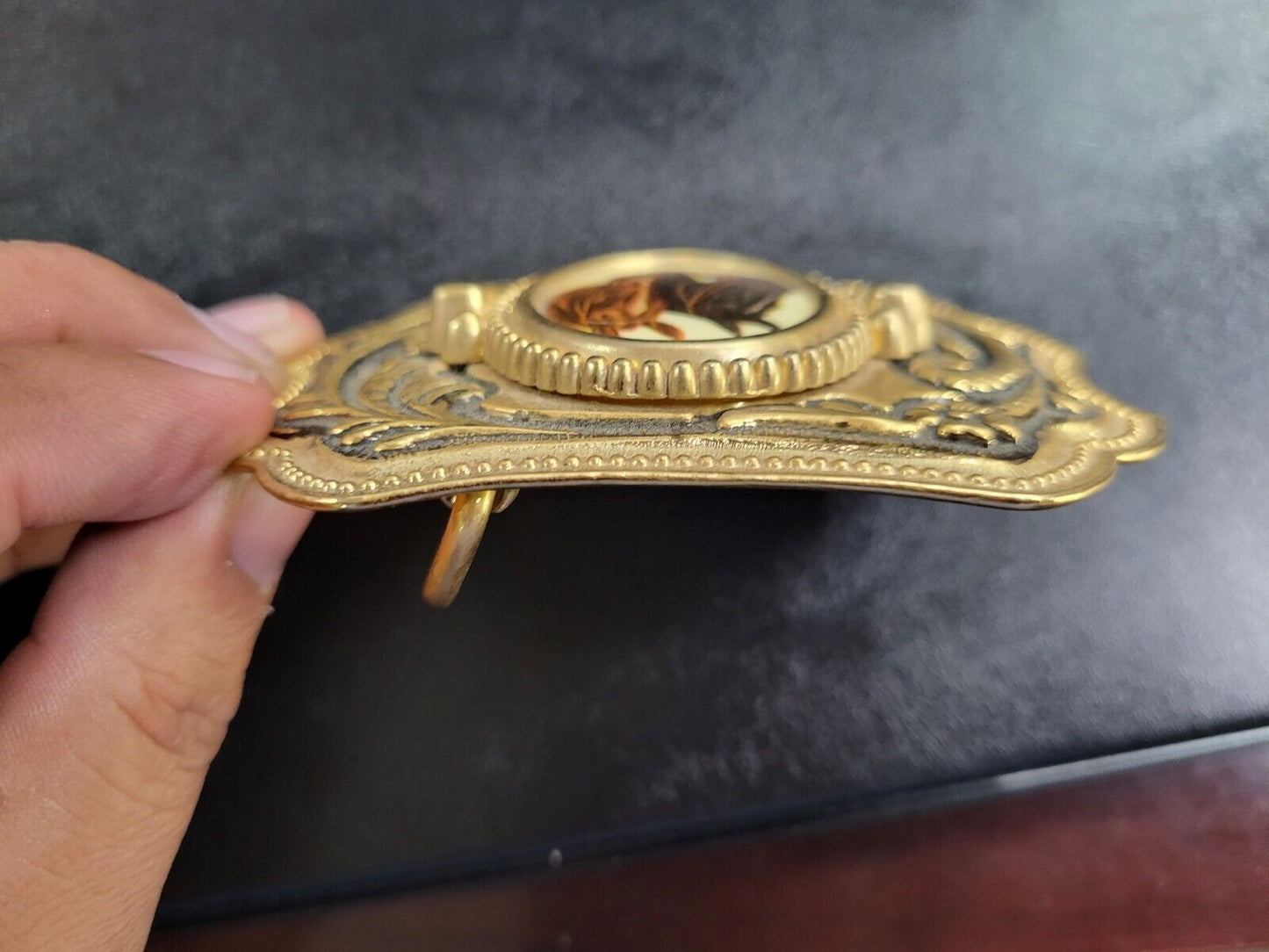 Vintage Double Horse Head Gold Tone Metal Belt Buckle 3 3/3"x 2 1/2"