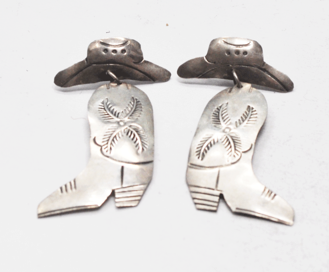 Sterling Silver Gary Spencer Cowboy Boot Hat Dangle Earrings 45mm x 26mm