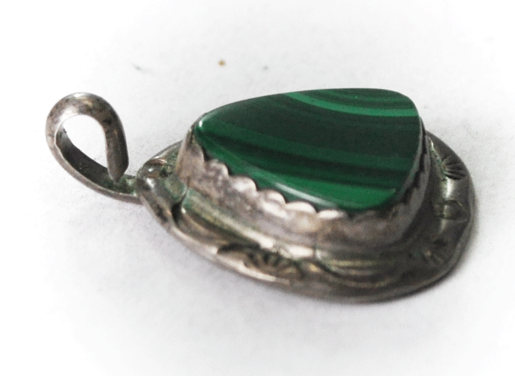 Sterling Silver Malachite Triangle Green Pendant Signed CB 27mm x 21mm