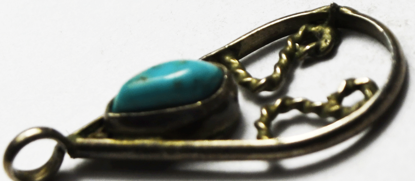 Sterling Silver Signed AD Turquoise Teardrop Wire Pendant 30mm x 15mm