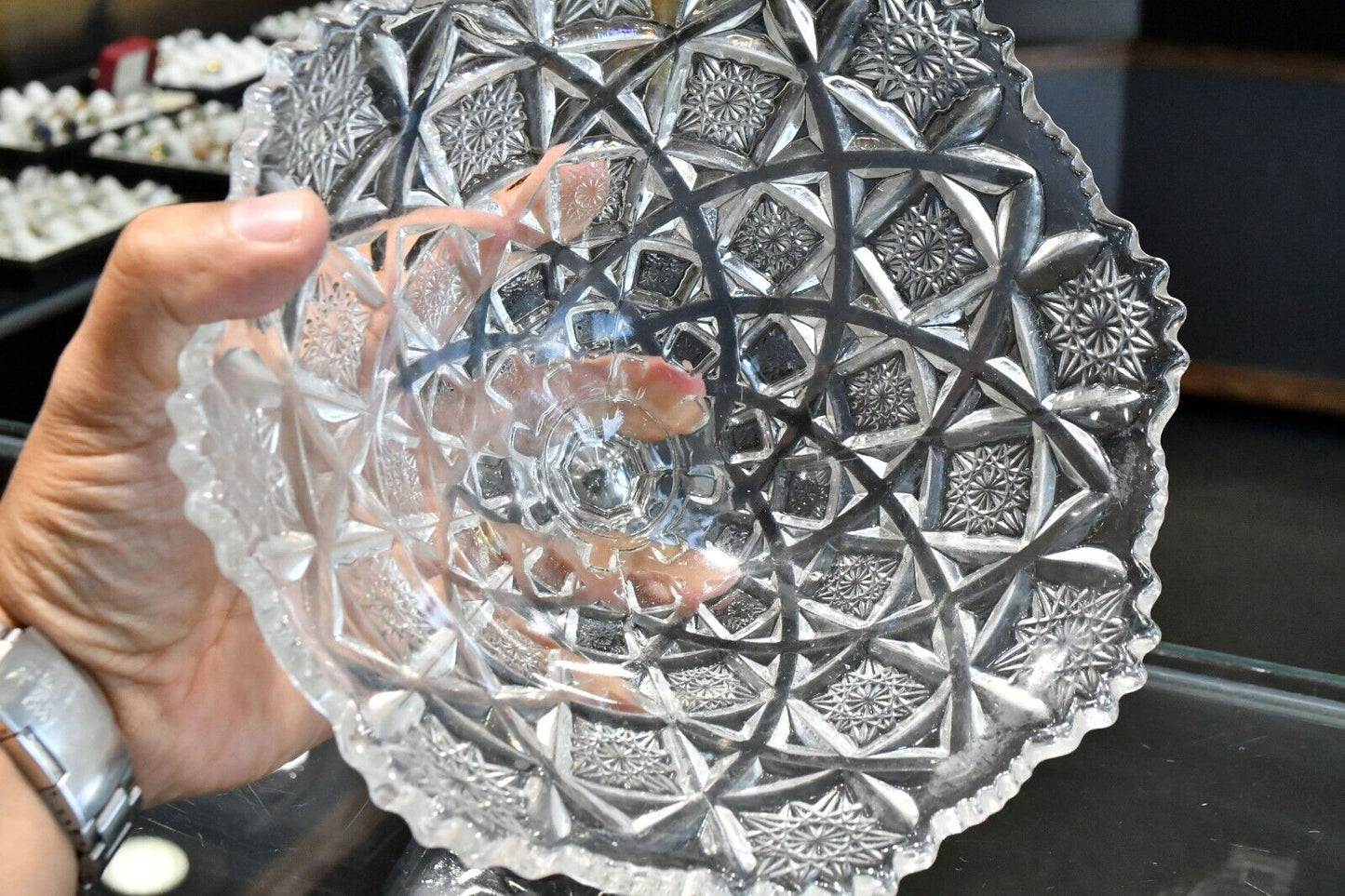 Vintage Bohemian Czech Style Molded Glass Footed Candy Nut Dish 7 1/2" x 5 1/4"