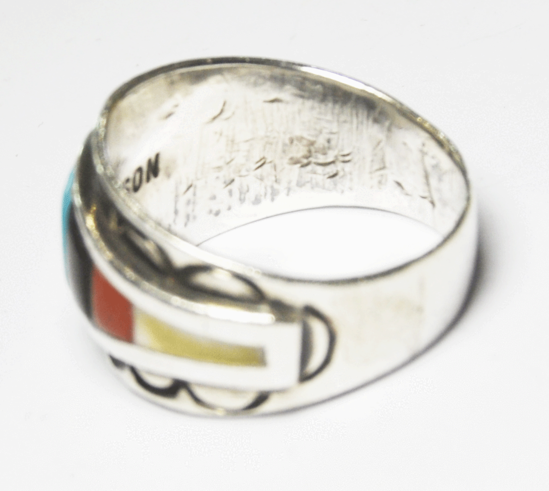Sterling Silver W Dodson IHMSS Stepped Inlay Ring 17mm Size 12.5 Turquoise Coral
