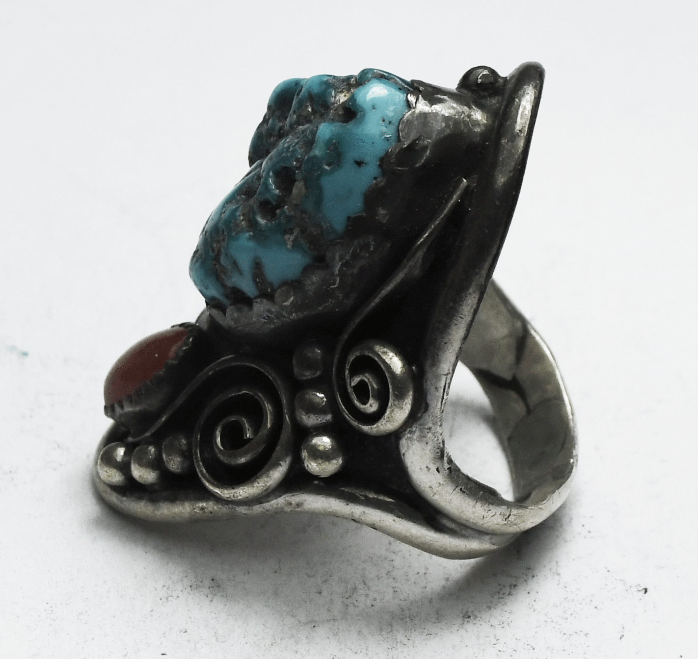 Antique Sterling Silver Turquoise & Coral Ring 38mm Size 7-1/2