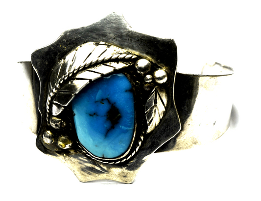 Sterling Silver Floral Turquoise Cuff Bracelet 45mm 6-3/4" Wrist