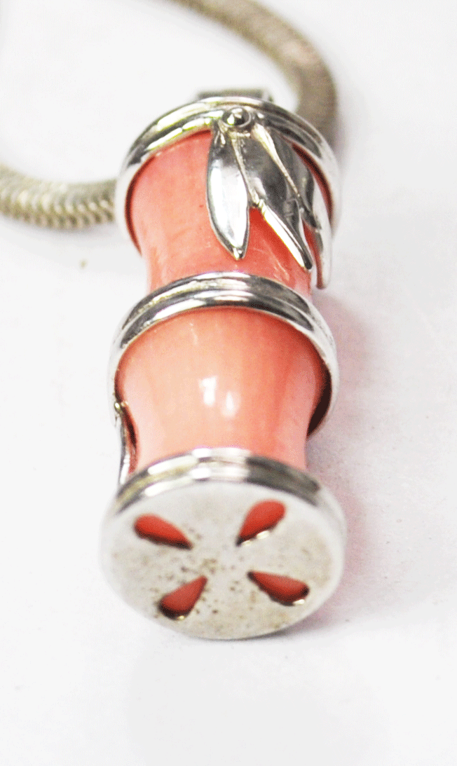 Sterling Silver Pink MOP Tube Floral Leaf Pendant 1-1/8" x 9mm 18" Necklace 2mm