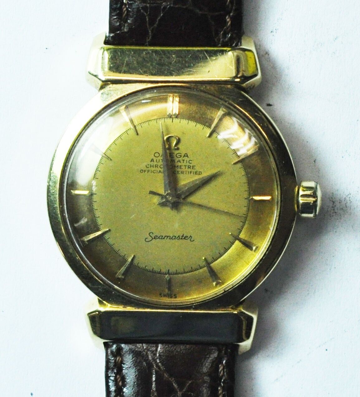 1950 Omega Seamaster 352 18k Gold Bumper Automatic 14324 Hooded Lug Deluxe 34mm