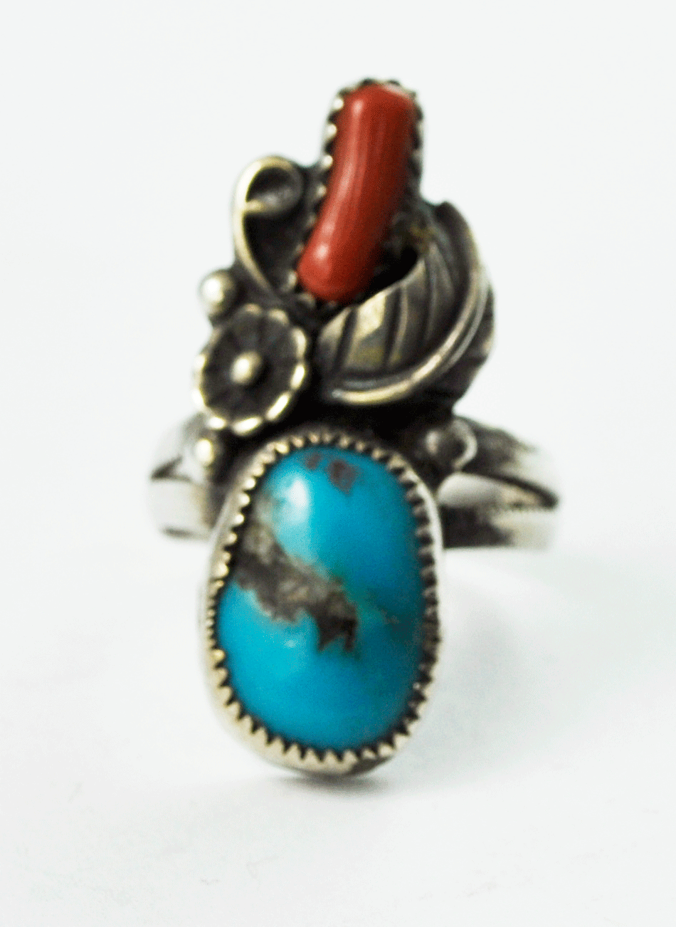 Sterling Turquoise & Coral Floral Handcrafted Flower Rings 29mm LP= Size 5.5