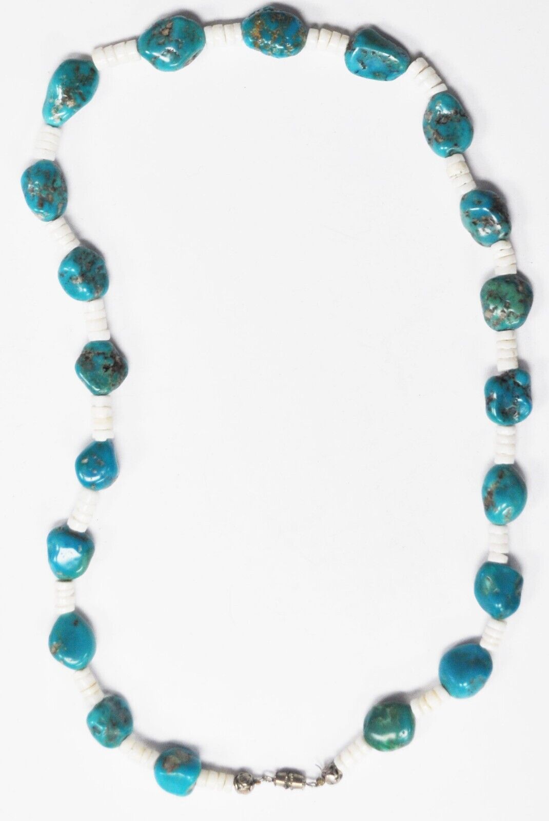 Silver Plate Turquoise Chunk White Disc 14mm Bead Necklace 23"