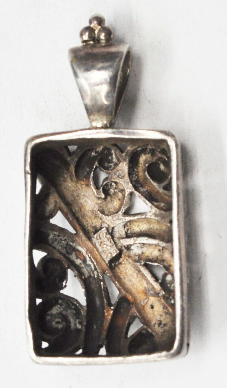 Sterling Silver Rectangle Scroll Beaded Bale Dot Stripe Pendant 37mm x 17mm