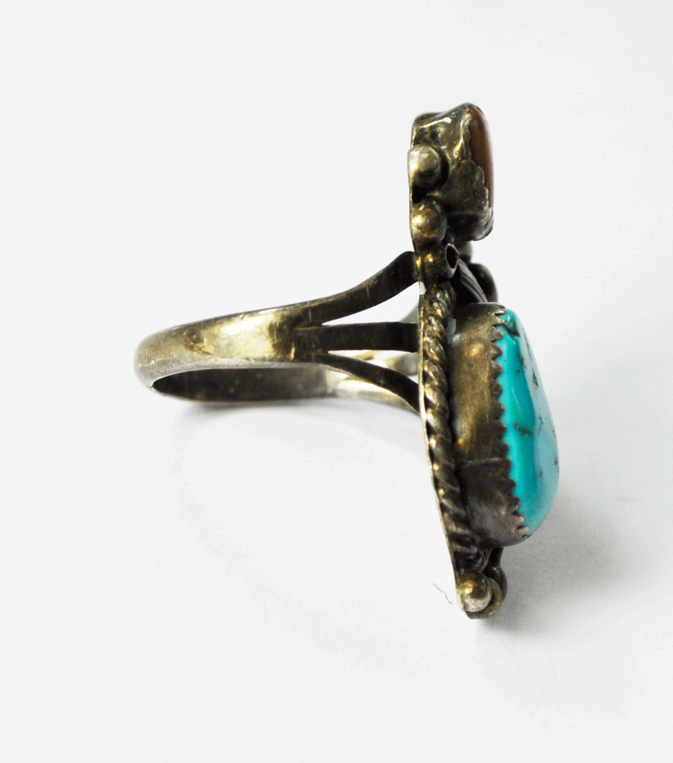 Sterling Silver LM Floral Coral Turquoise Overlay Ring 31mm Sz 7.5