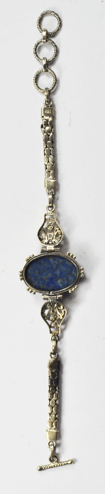 Sterling Silver Oval Blue Lapis Floral Dot Chain Toggle Bracelet 29mm