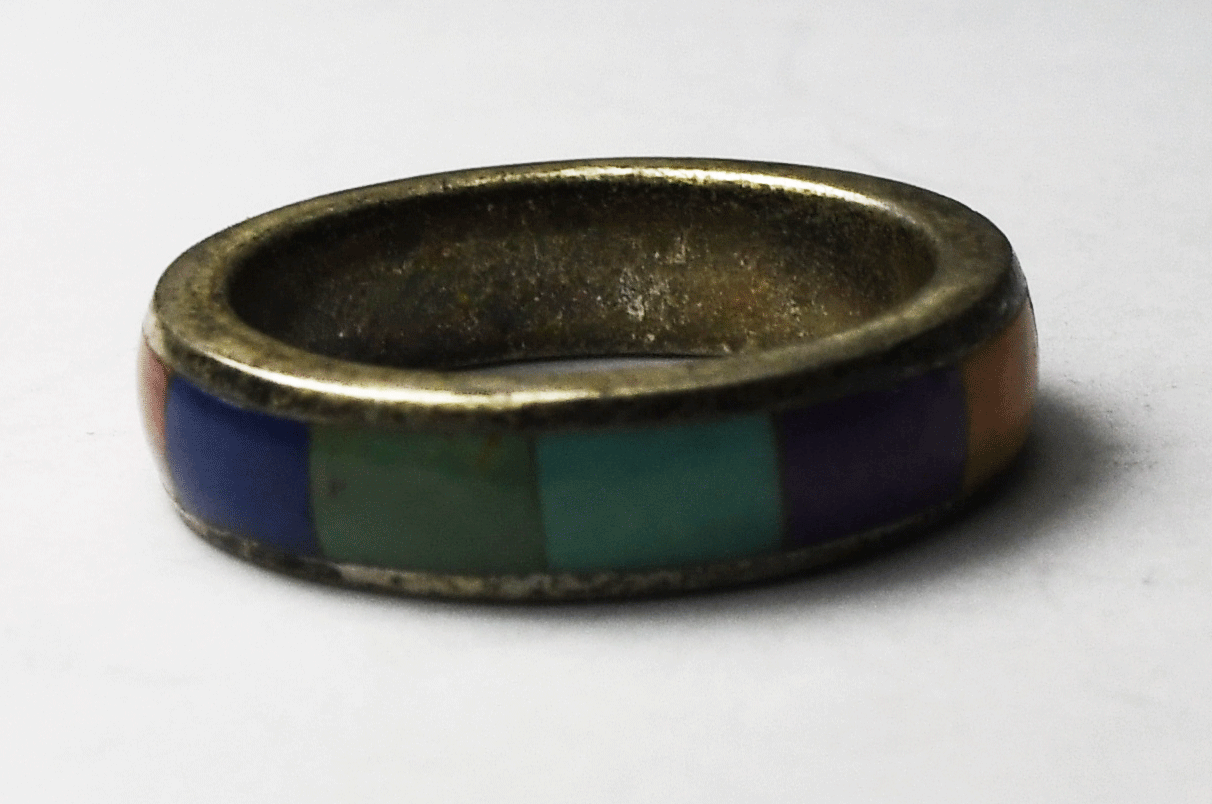 Sterling Silver Multi Stone Inlay Turquoise Coral Lapis Ring 5mm Band Size 8