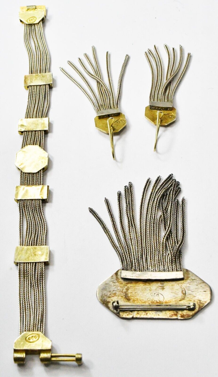 Sterling Bali Enamel Tassel Two Tone 7-1/4" Bracelet Earrings & 65mm Brooch Set