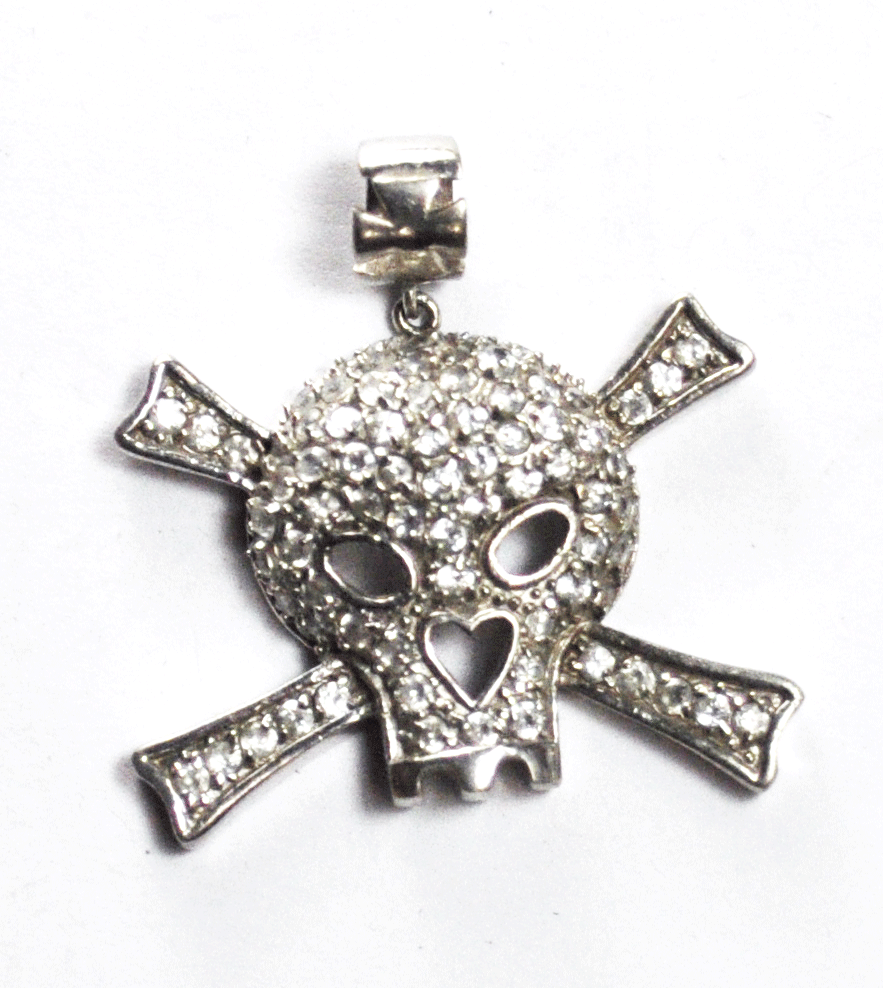Sterling Silver CZ Skull Cross Bones 36mm x 34mm Pendant