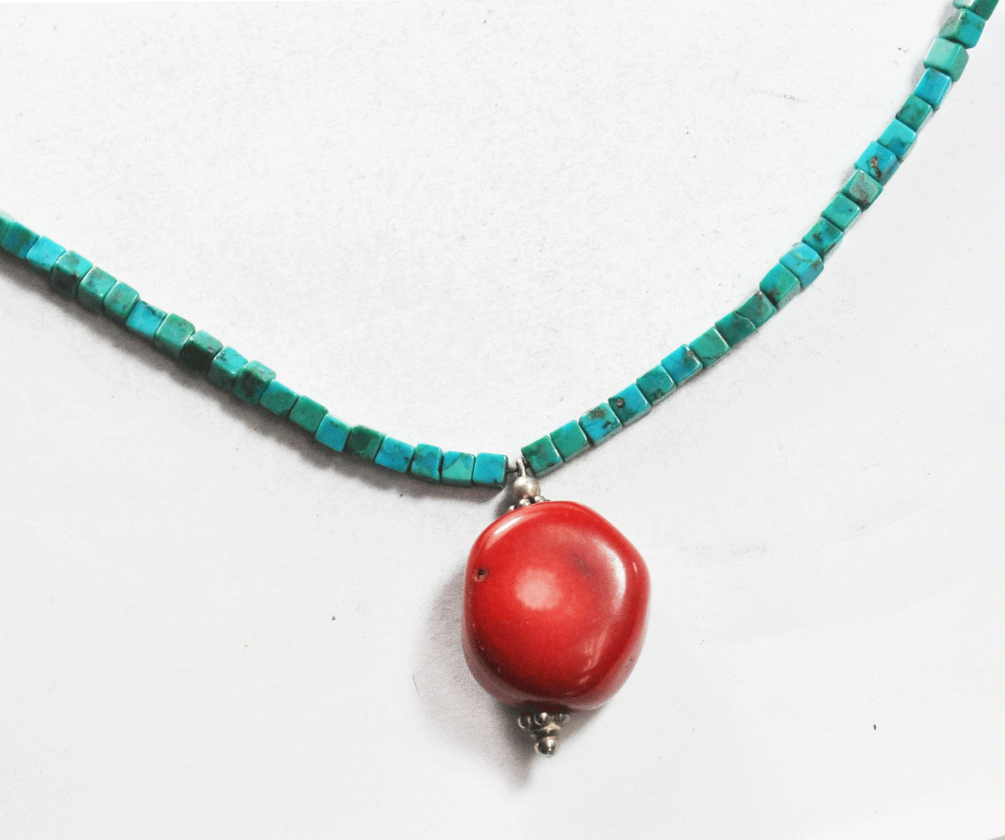 Sterling Silver 3mm Square Turquoise Bead 30mm Coral Pendant Toggle Necklace 15"