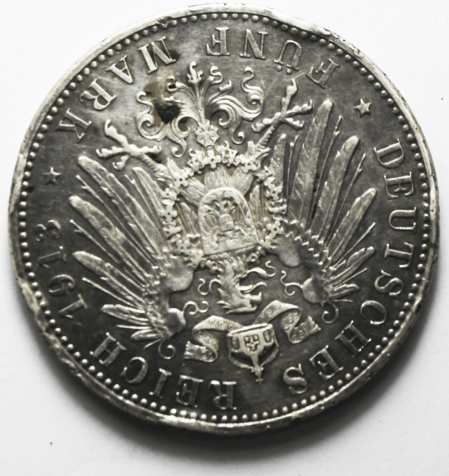 1913 D German States Bavaria 5 Five Mark Silver Coin KM# 915 Rim Dings