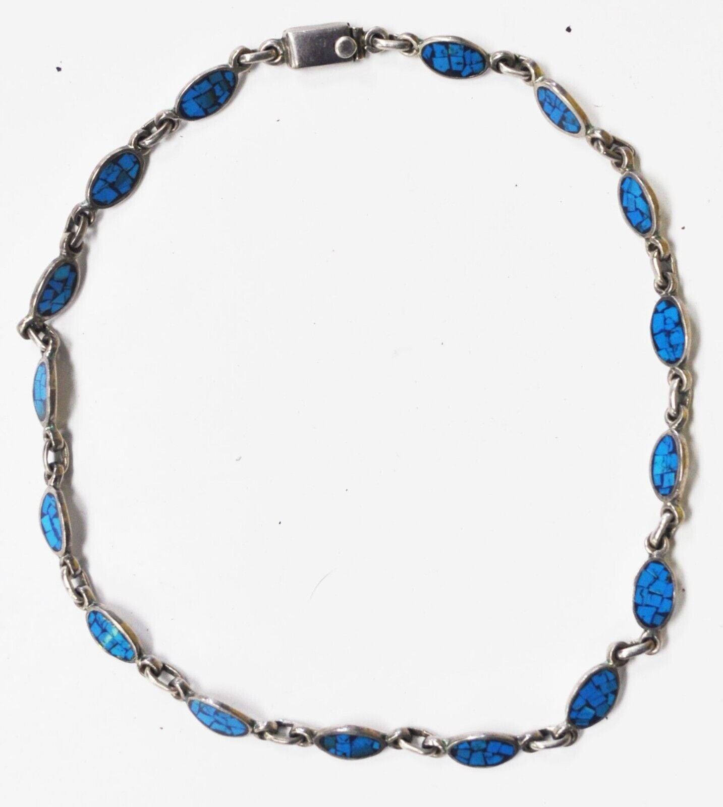Sterling Silver Oval Turquoise Chip Inlay Necklace 17-1/4"