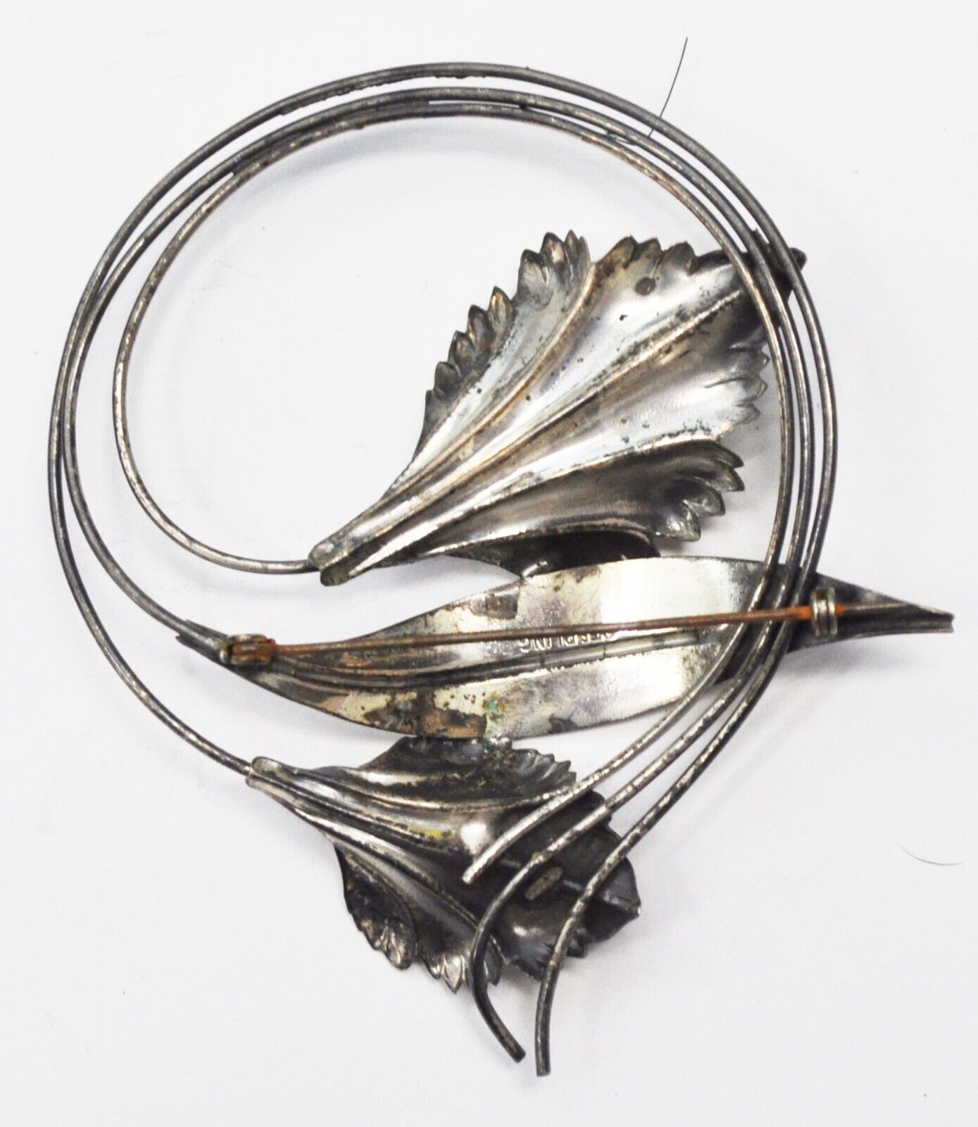 Sterling Silver Floral Garden Leaf Round Brooch Pin 3-3/8"