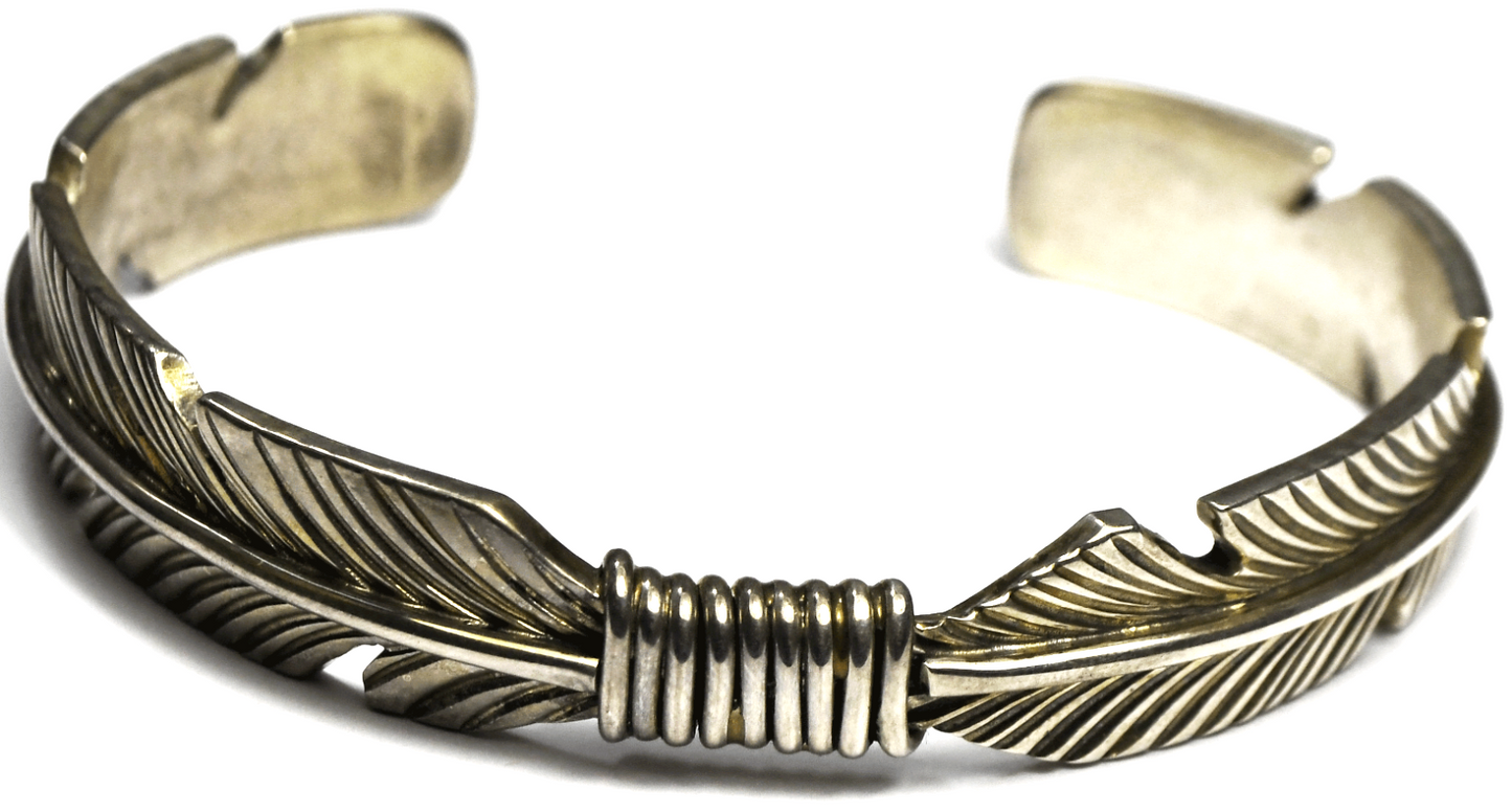 Sterling Silver J Nelson Feather Cuff Bracelet 7" Wrist 12mm