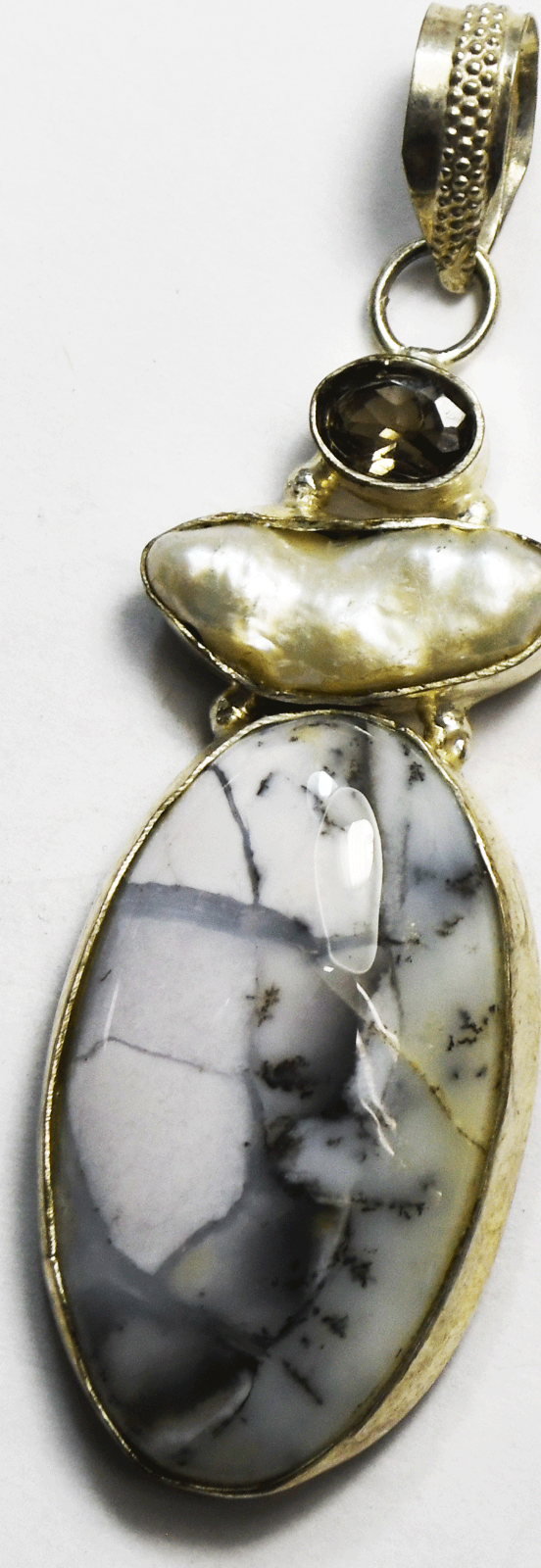 Sterling Silver Picasso Stone Pearl Smoky Quartz Pendant 76mm x 21mm