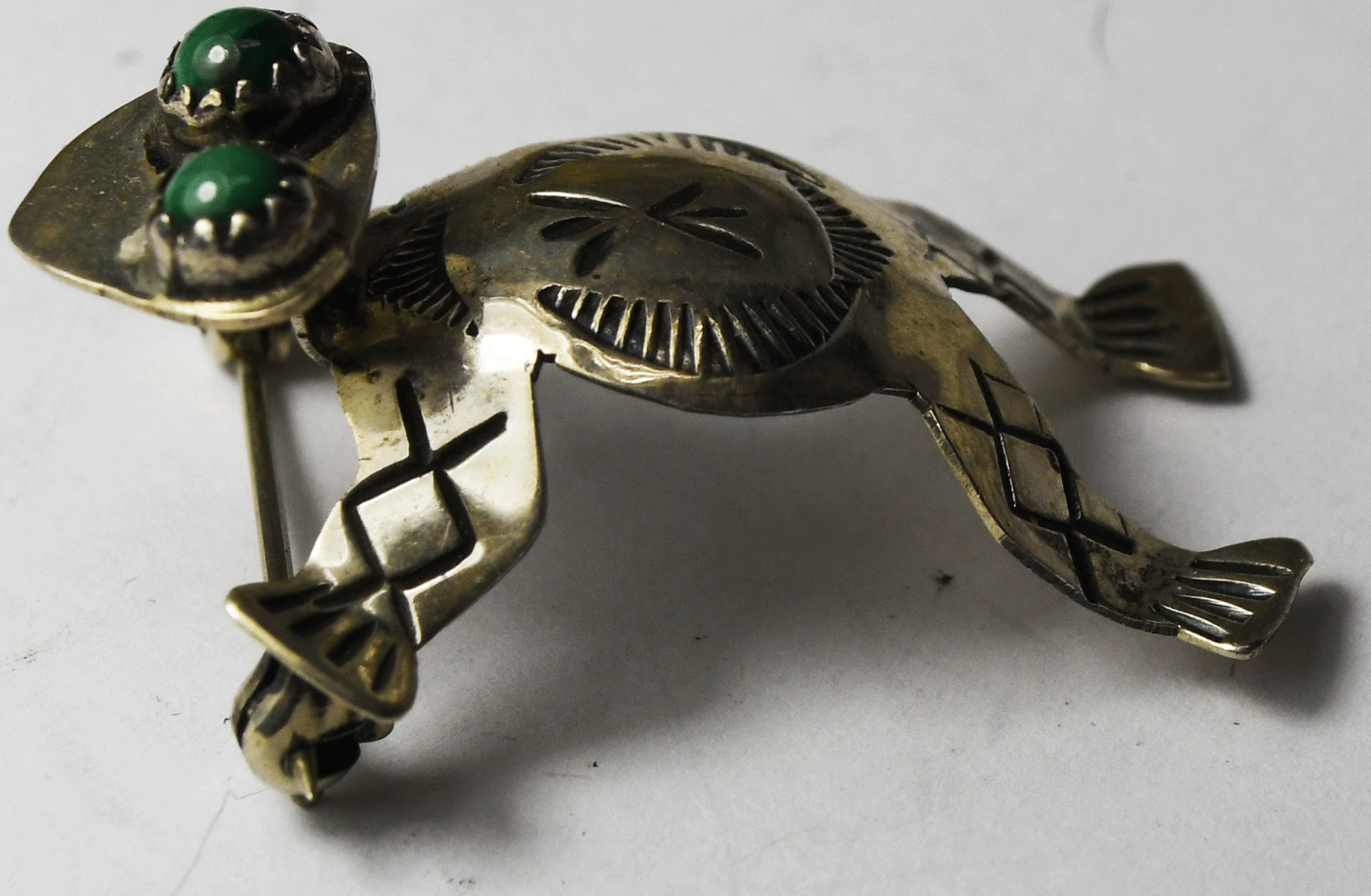 Sterling Running Bear Malachite Eyes Frog 3-D Brooch Pin 38mm x 28mm