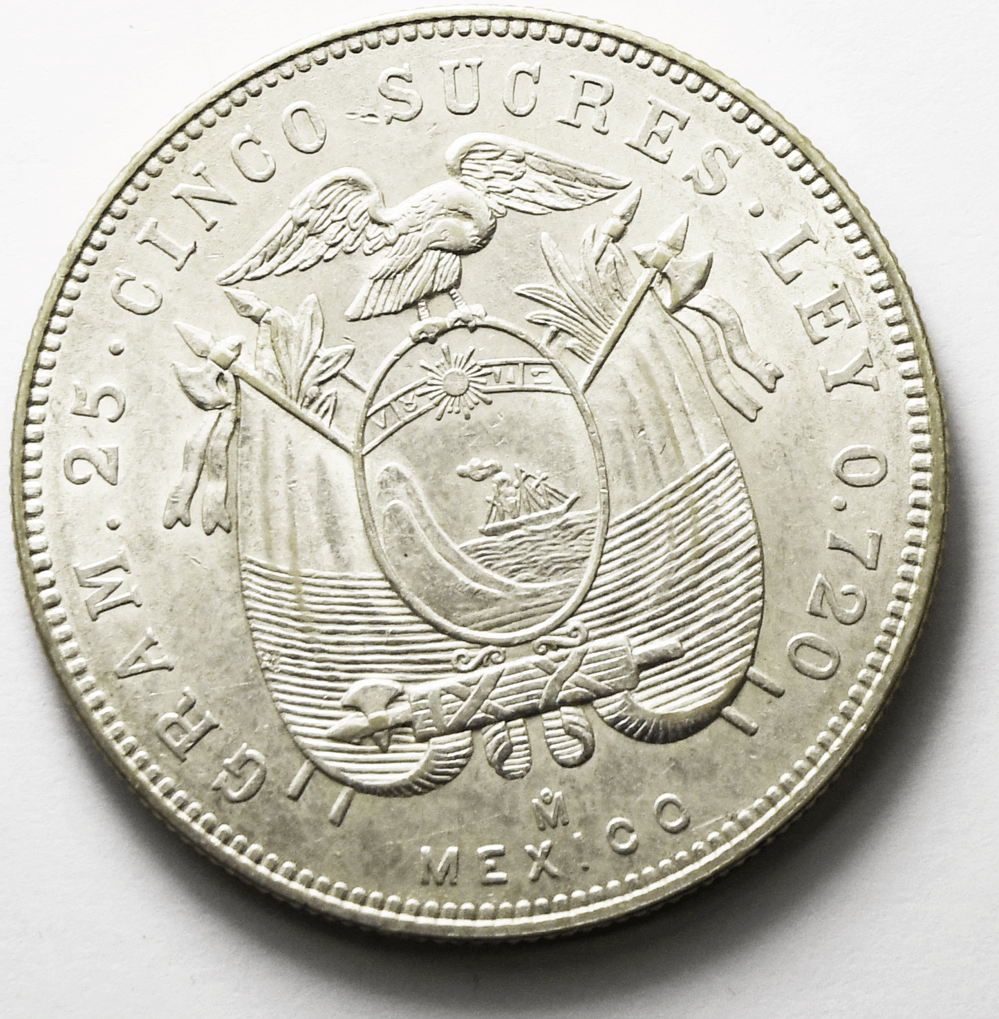 1944 Mo Ecuador 5 Five Sucres Silver Coin KM# 79