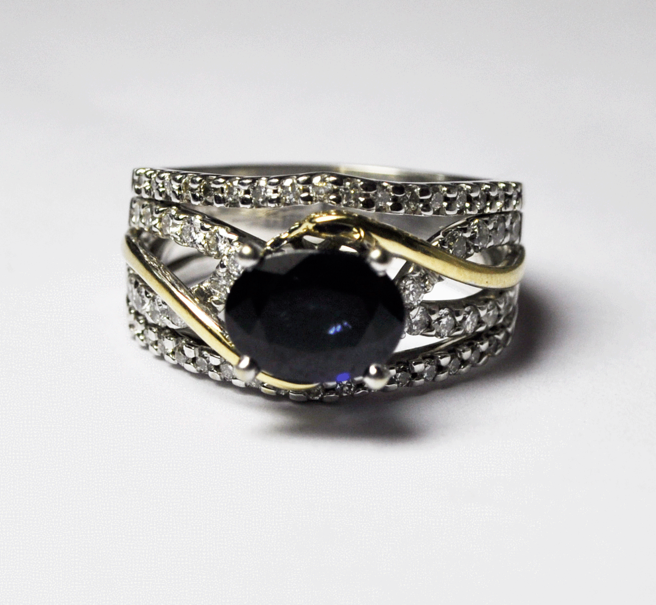 14k White Gold Sapphire Diamond Twist Overlapping Ring F.D. 11mm Size 6-3/4