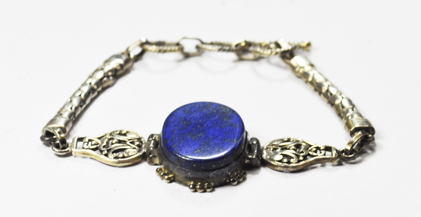 Sterling Silver Oval Blue Lapis Floral Dot Chain Toggle Bracelet 29mm