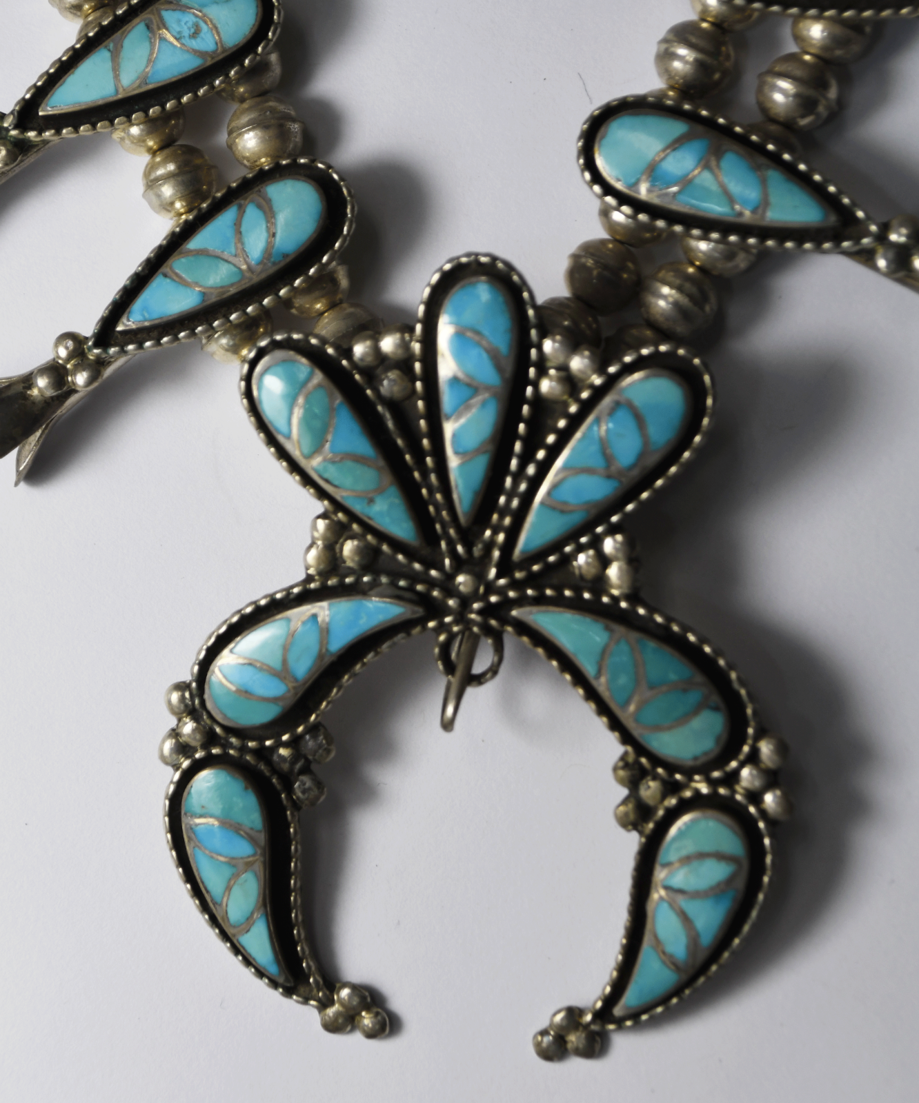 Sterling Willis Susie Leekity Turquoise Inlay Squash Blossom 24" Necklace